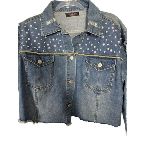Custom Blue Denim Jean Jacket Luxury Tax Beaded Crystal Bling Stretch Y2K Large - Picture 3 of 6